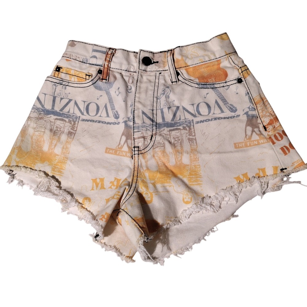 BDG Denim Shorts Women Sz 24 White (23"x3")‎ Print Frayed Hem